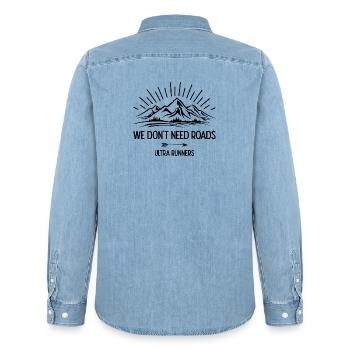 We Don't Need Roads. Ultra Runners - Men’s Organic Denim Shirt by Stanley/Stella - light wash - Back - AI Model Male 185 light (185cm)