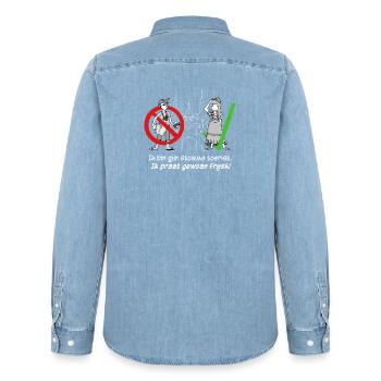 Ich bin kein dummer Tourist, ich rede nur Frysk! - Männer Jeanshemd Organic von Stanley/Stella - verwaschenes Hellblau - Hinten - AI Model Male 185 light (185cm)