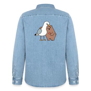 North Sea Seagull Brown Bear Friendship Love Lean - Men’s Organic Denim Shirt by Stanley/Stella - light wash - Back - AI Model Male 185 light (185cm)