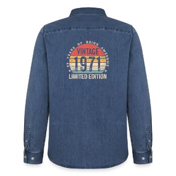 Vintage 1971 Limited Edition 55-Year-Old 55th Bday - Men’s Organic Denim Shirt by Stanley/Stella - mid washy  - Back - AI Model Male 185 light (185cm)