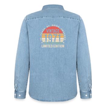 Vintage 1971 Limited Edition 55-Year-Old 55th Bday - Men’s Organic Denim Shirt by Stanley/Stella - light wash - Back - AI Model Male 185 light (185cm)