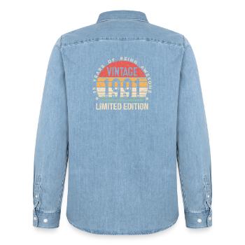 Vintage 1991 Limited Edition 35 Jahre alt 35. BDay - Männer Jeanshemd Organic von Stanley/Stella - verwaschenes Hellblau - Hinten - AI Model Male 185 light (185cm)