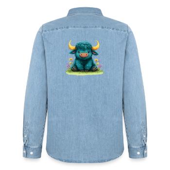 Yak bleu dans une mer de fleurs - Chemise en denim homme bio Stanley/Stella - bleu clair délavé - Dos - AI Model Male 185 light (185cm)