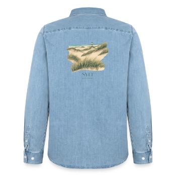Sylt Dünen | Vintage Nordsee Poster - Männer Jeanshemd Organic von Stanley/Stella - verwaschenes Hellblau - Hinten - AI Model Male 185 light (185cm)