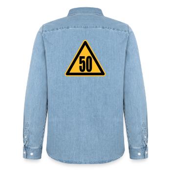 Warning 50 | Achtung 50 - Men’s Organic Denim Shirt by Stanley/Stella - light wash - Back - AI Model Male 185 light (185cm)