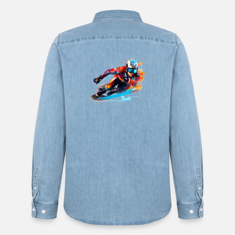 Fahrender Skirennfahrer mit Farbexplosion - Männer Jeanshemd Organic von Stanley/Stella - verwaschenes Hellblau