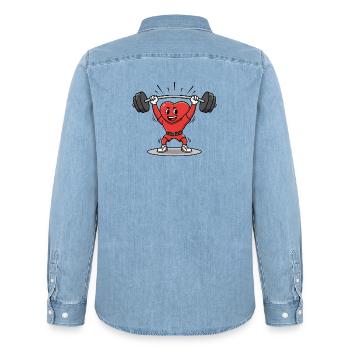 Poids d’haltérophilie fort Conception de dessin animé - Chemise en denim homme bio Stanley/Stella - bleu clair délavé - Dos - AI Model Male 185 light (185cm)