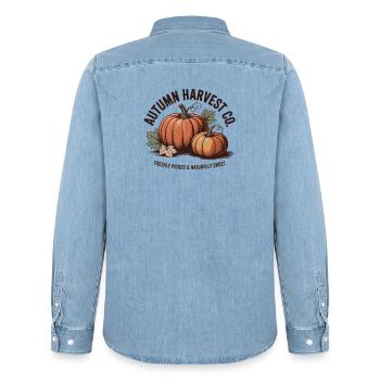 Publicité de fruits vintage – Citrouille - Chemise en denim homme bio Stanley/Stella - bleu clair délavé - Dos - AI Model Male 185 light (185cm)