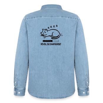 Sleeping cat, alarm clock charging - Men’s Organic Denim Shirt by Stanley/Stella - light wash - Back - AI Model Male 185 light (185cm)