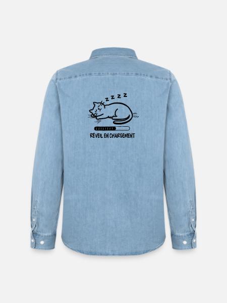 Sleeping cat, alarm clock charging - Men’s Organic Denim Shirt by Stanley/Stella - light wash
