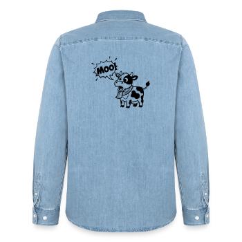 Bulle de dialogue comique Drôle de Vache meugement - Chemise en denim homme bio Stanley/Stella - bleu clair délavé - Dos - AI Model Male 185 light (185cm)