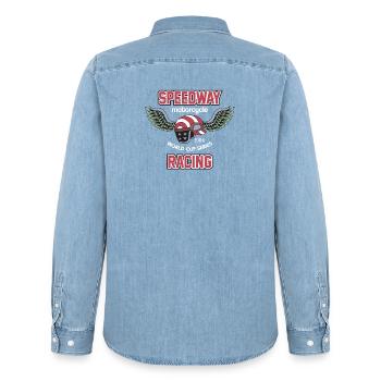 Winged Racing USA 1984 World Cup - Men’s Organic Denim Shirt by Stanley/Stella - light wash - Back - AI Model Male 185 light (185cm)