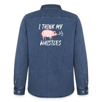 I think my pig whistles - Men’s Organic Denim Shirt by Stanley/Stella - mid washy  - Back - AI Model Male 185 light (185cm)
