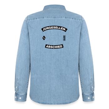 Bachelor Party Motif Frame (Bachelor Party MC Rocker Cowl Design) - Men’s Organic Denim Shirt by Stanley/Stella - light wash - Back - AI Model Male 185 light (185cm)