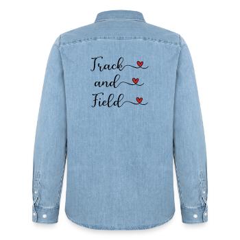Track and Field handwritten Logo with Hearts - Men’s Organic Denim Shirt by Stanley/Stella - light wash - Back - AI Model Male 185 light (185cm)