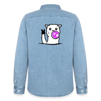 Llama Bubblegum Sunglasses Peace Victory Hand Cool - Men’s Organic Denim Shirt by Stanley/Stella - light wash - Back - AI Model Male 185 light (185cm)