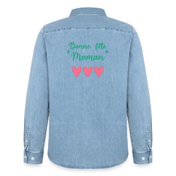 MAMAN. FÊTE DES MÈRES. BONNE FÊTE MAMAN. JE T'AIME - Chemise en denim homme bio Stanley/Stella - bleu clair délavé - Dos - AI Model Male 185 light (185cm)