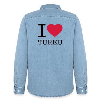I LOVE TURKU Finland Finnland - Männer Jeanshemd Organic von Stanley/Stella - verwaschenes Hellblau - Hinten - AI Model Male 185 light (185cm)