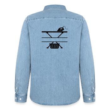 Iron, ironing board and laundry basket, text banner - Men’s Organic Denim Shirt by Stanley/Stella - light wash - Back - AI Model Male 185 light (185cm)