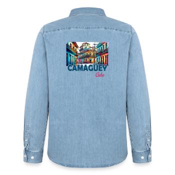 Camagüey, Cuba, Caraïbes, Design - Chemise en denim homme bio Stanley/Stella - bleu clair délavé - Dos - AI Model Male 185 light (185cm)