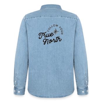 Follow Your True North in black - Men’s Organic Denim Shirt by Stanley/Stella - light wash - Back - AI Model Male 185 light (185cm)