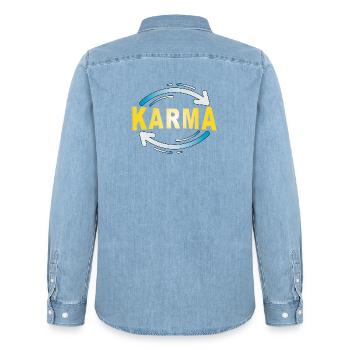 Karma - Minimalist Statement Design - Men’s Organic Denim Shirt by Stanley/Stella - light wash - Back - AI Model Male 185 light (185cm)