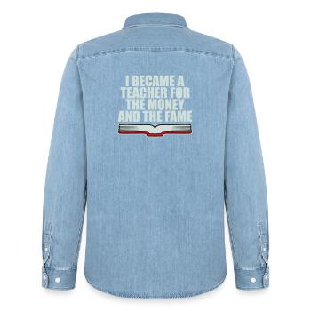Je suis devenu professeur pour le logo de blague sur l’argent et la célébrité - Chemise en denim homme bio Stanley/Stella - bleu clair délavé - Dos - AI Model Male 185 light (185cm)