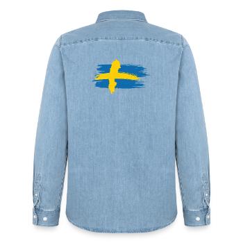 Suède – Conception du pinceau de carte bleu-jaune - Chemise en denim homme bio Stanley/Stella - bleu clair délavé - Dos - AI Model Male 185 light (185cm)