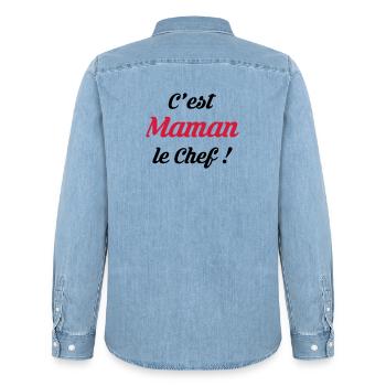 Maman - Fête des Mères - Bébé - Cuisine - Chef - Chemise en denim homme bio Stanley/Stella - bleu clair délavé - Dos - AI Model Male 185 light (185cm)