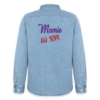 MAMIE. MAMAN. FÊTE DES MÈRES. BONNE FÊTE - Chemise en denim homme bio Stanley/Stella - bleu clair délavé - Dos - AI Model Male 185 light (185cm)