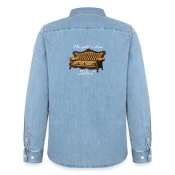 Vintage Sofa Saying, Where can you find something like that? - Men’s Organic Denim Shirt by Stanley/Stella - light wash - Back - AI Model Male 185 light (185cm)