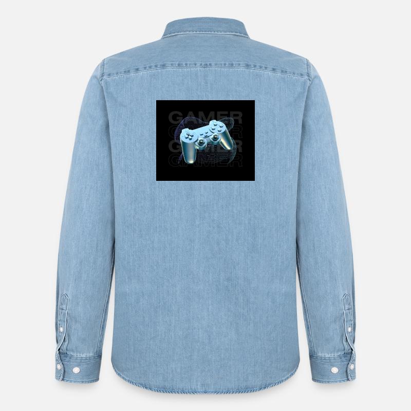 Neonblauer Controller 3D - Männer Jeanshemd Organic von Stanley/Stella - verwaschenes Hellblau