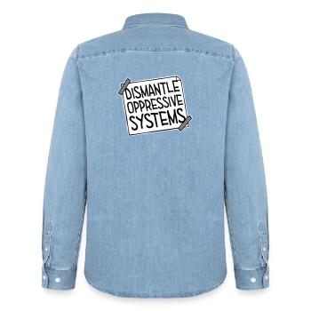 Déclaration d’activisme pour démanteler les systèmes oppressifs - Chemise en denim homme bio Stanley/Stella - bleu clair délavé - Dos - AI Model Male 185 light (185cm)