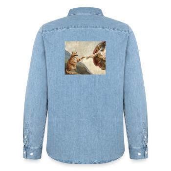 Cat Slaps God's Hand Funny Cats Meme - Men’s Organic Denim Shirt by Stanley/Stella - light wash - Back - AI Model Male 185 light (185cm)
