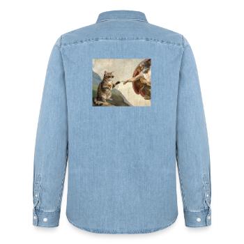 Cat Slaps God's Hand Funny Cats Meme - Men’s Organic Denim Shirt by Stanley/Stella - light wash - Back - AI Model Male 185 light (185cm)