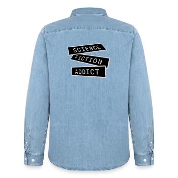 Science Fiction Addict Sci Fi Liebhaber Zitat Text - Männer Jeanshemd Organic von Stanley/Stella - verwaschenes Hellblau - Hinten - AI Model Male 185 light (185cm)