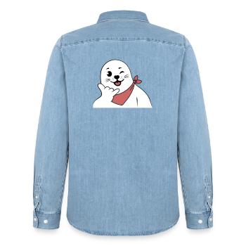 Winking Seal Wearing a Bandana Throwing Shaka Sign - Men’s Organic Denim Shirt by Stanley/Stella - light wash - Back - AI Model Male 185 light (185cm)