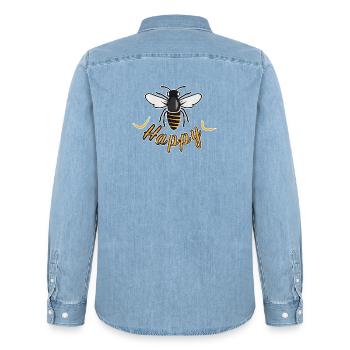 Happy bee with 'Happy' lettering - Men’s Organic Denim Shirt by Stanley/Stella - light wash - Back - AI Model Male 185 light (185cm)
