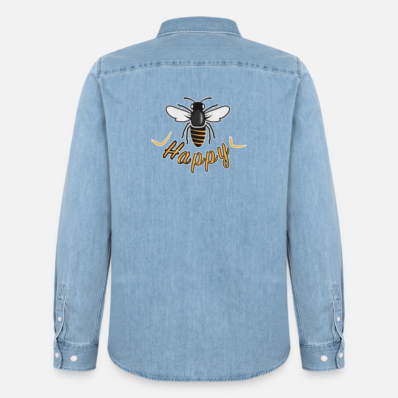 Happy bee with 'Happy' lettering - Men’s Organic Denim Shirt by Stanley/Stella - light wash