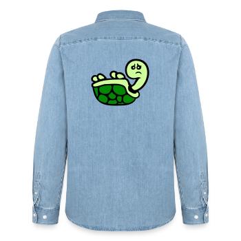 Turtle tipped over on its back lying sad - Men’s Organic Denim Shirt by Stanley/Stella - light wash - Back - AI Model Male 185 light (185cm)