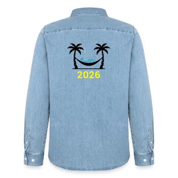 Hammock Palm Trees 2026 - Men’s Organic Denim Shirt by Stanley/Stella - light wash - Back - AI Model Male 185 light (185cm)