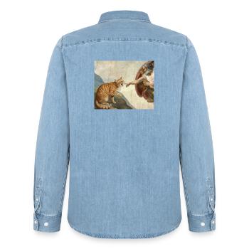 Cat Slaps God's Hand Funny Cats Meme - Men’s Organic Denim Shirt by Stanley/Stella - light wash - Back - AI Model Male 185 light (185cm)
