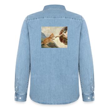 Cat Slaps God's Hand Funny Cats Meme - Men’s Organic Denim Shirt by Stanley/Stella - light wash - Back - AI Model Male 185 light (185cm)