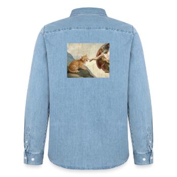 Cat Slaps God's Hand Funny Cats Meme - Men’s Organic Denim Shirt by Stanley/Stella - light wash - Back - AI Model Male 185 light (185cm)