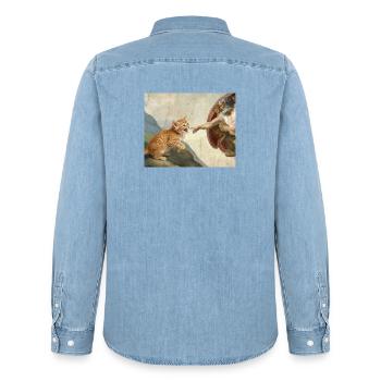 Cat Slaps God's Hand Funny Cats Meme - Men’s Organic Denim Shirt by Stanley/Stella - light wash - Back - AI Model Male 185 light (185cm)