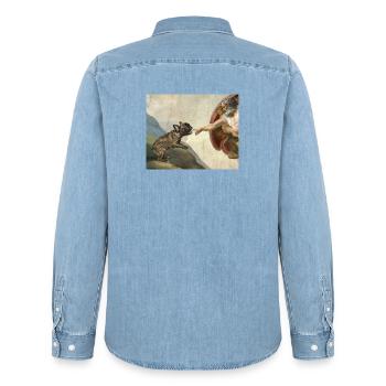 Dog God Hand French Bulldog Dog meme - Men’s Organic Denim Shirt by Stanley/Stella - light wash - Back - AI Model Male 185 light (185cm)