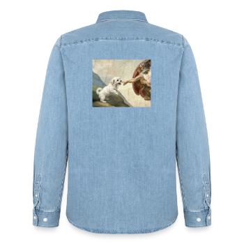 Dog God Hand Maltese Dogs meme - Men’s Organic Denim Shirt by Stanley/Stella - light wash - Back - AI Model Male 185 light (185cm)