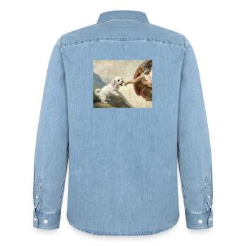 Dog God Hand Maltese Dogs meme - Men’s Organic Denim Shirt by Stanley/Stella - light wash - Back - AI Model Male 185 light (185cm)