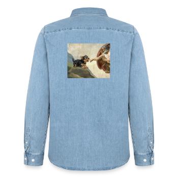 dog god hand yorkshire terrier dogs meme - Men’s Organic Denim Shirt by Stanley/Stella - light wash - Back - AI Model Male 185 light (185cm)