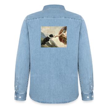 Dog God Hand Border Collie Dog Meme - Men’s Organic Denim Shirt by Stanley/Stella - light wash - Back - AI Model Male 185 light (185cm)